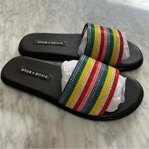 Alice and Olivia Crystal Embellished Leather Rainbow Slide Sandals SZ 7